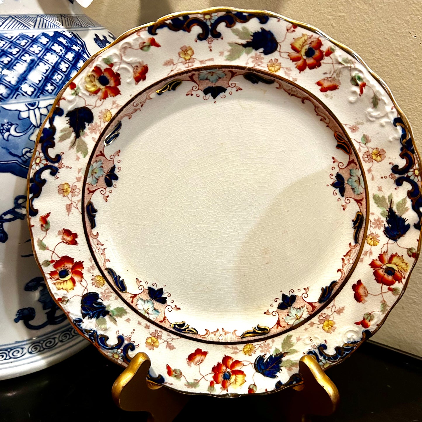 Antique Leighton Imari floral Blue & white scalloped Plate.