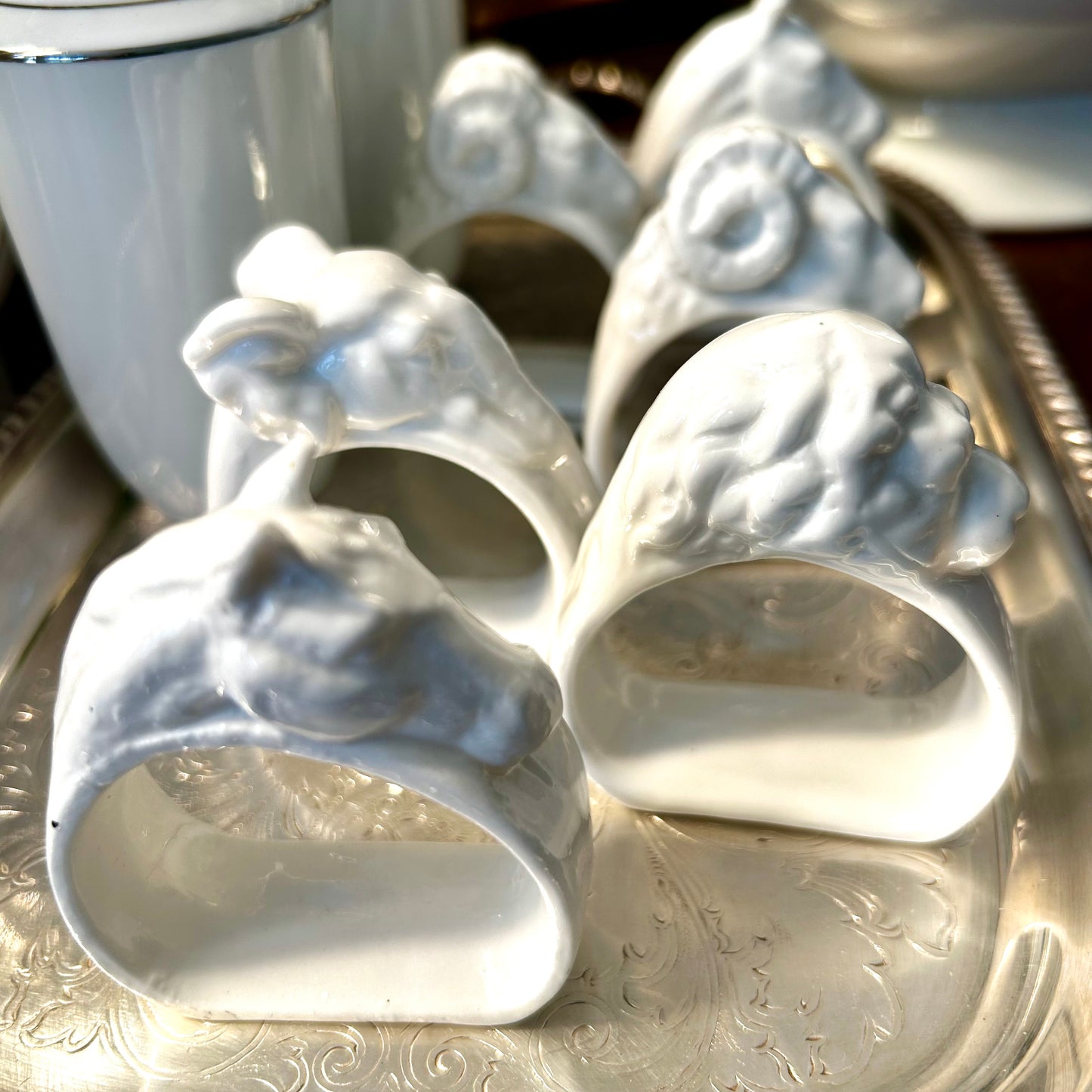 Set of six chic vintage white animal napkin  ring holders