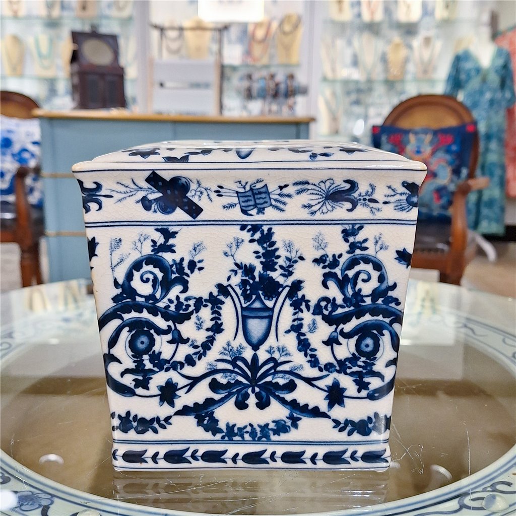 NEW - Blue & White Porcelain 6x6.25" Floral Tissue Box Cover