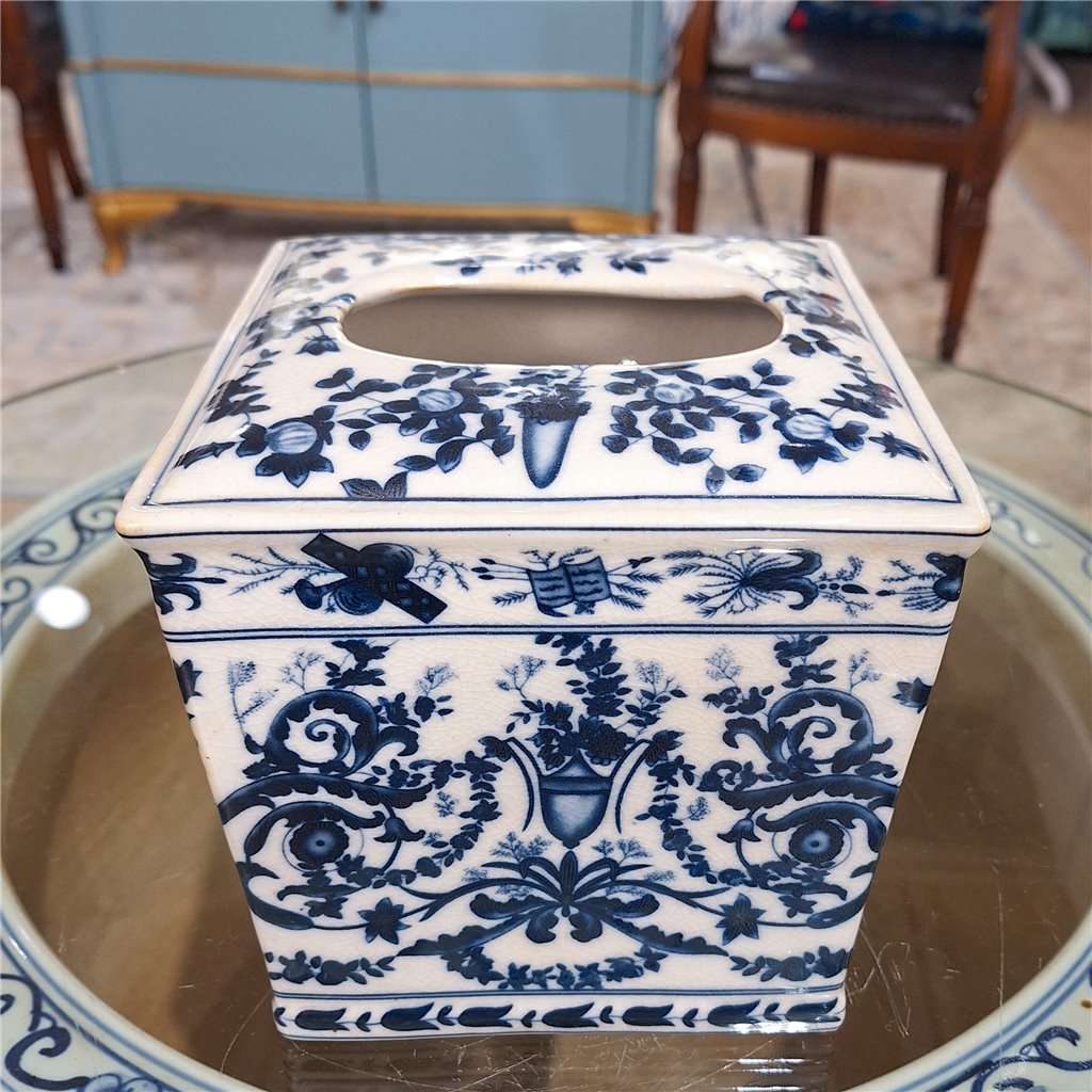 NEW - Blue & White Porcelain 6x6.25" Floral Tissue Box Cover