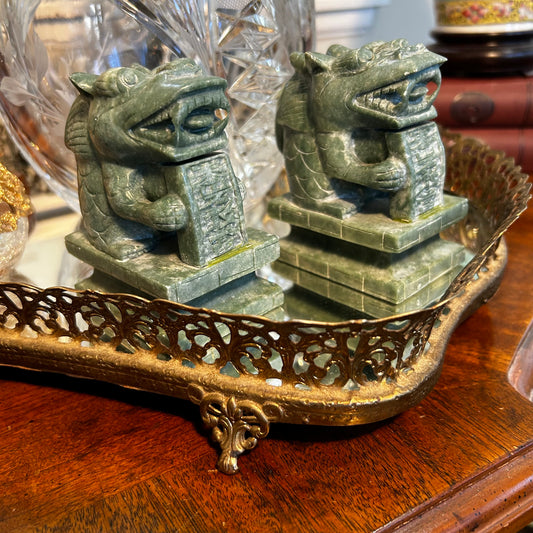 Spectacular sage green stone hand carved older vintage pair of foo dog statues figures