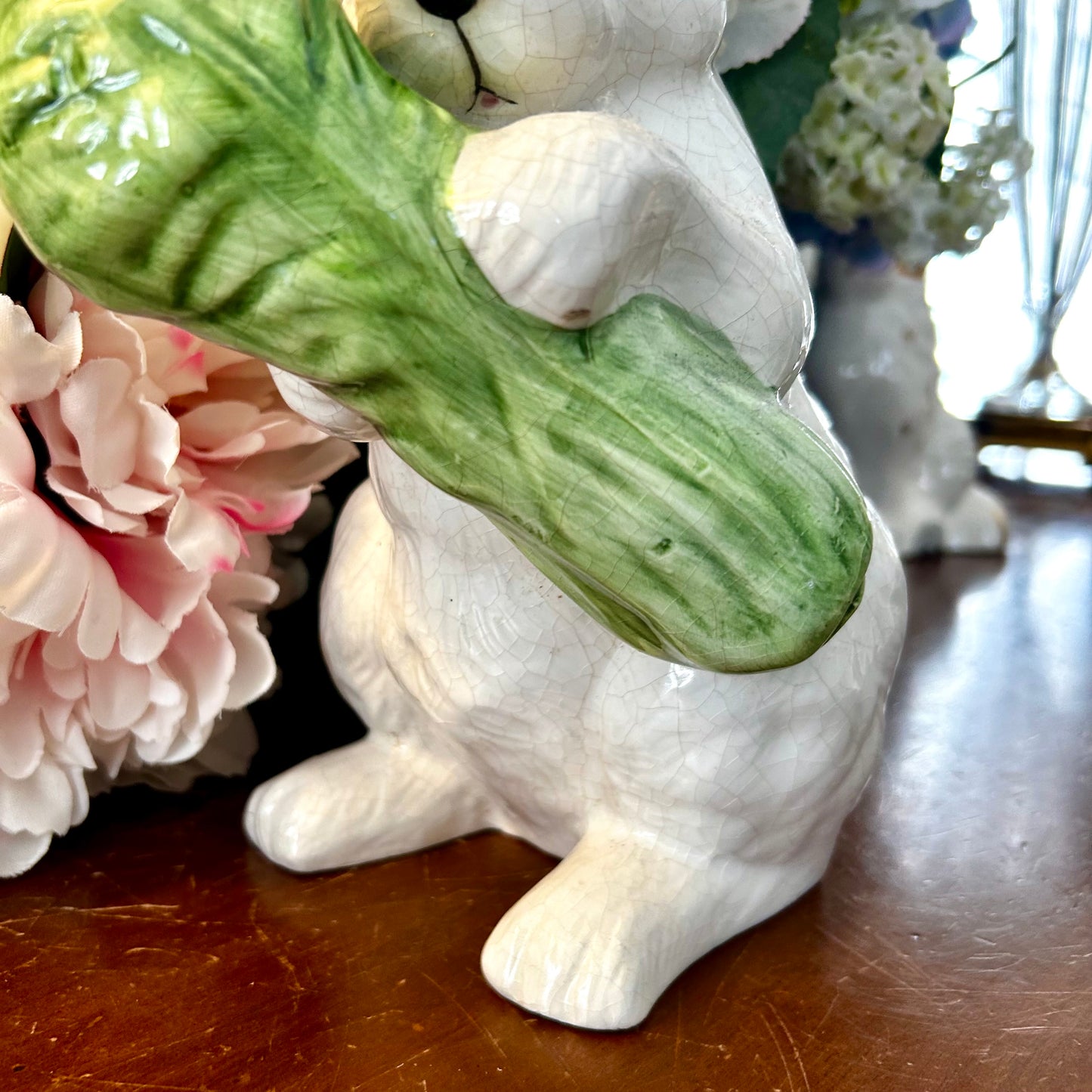 Handsome majolica inspired bunny rabbit standing 12 in tall