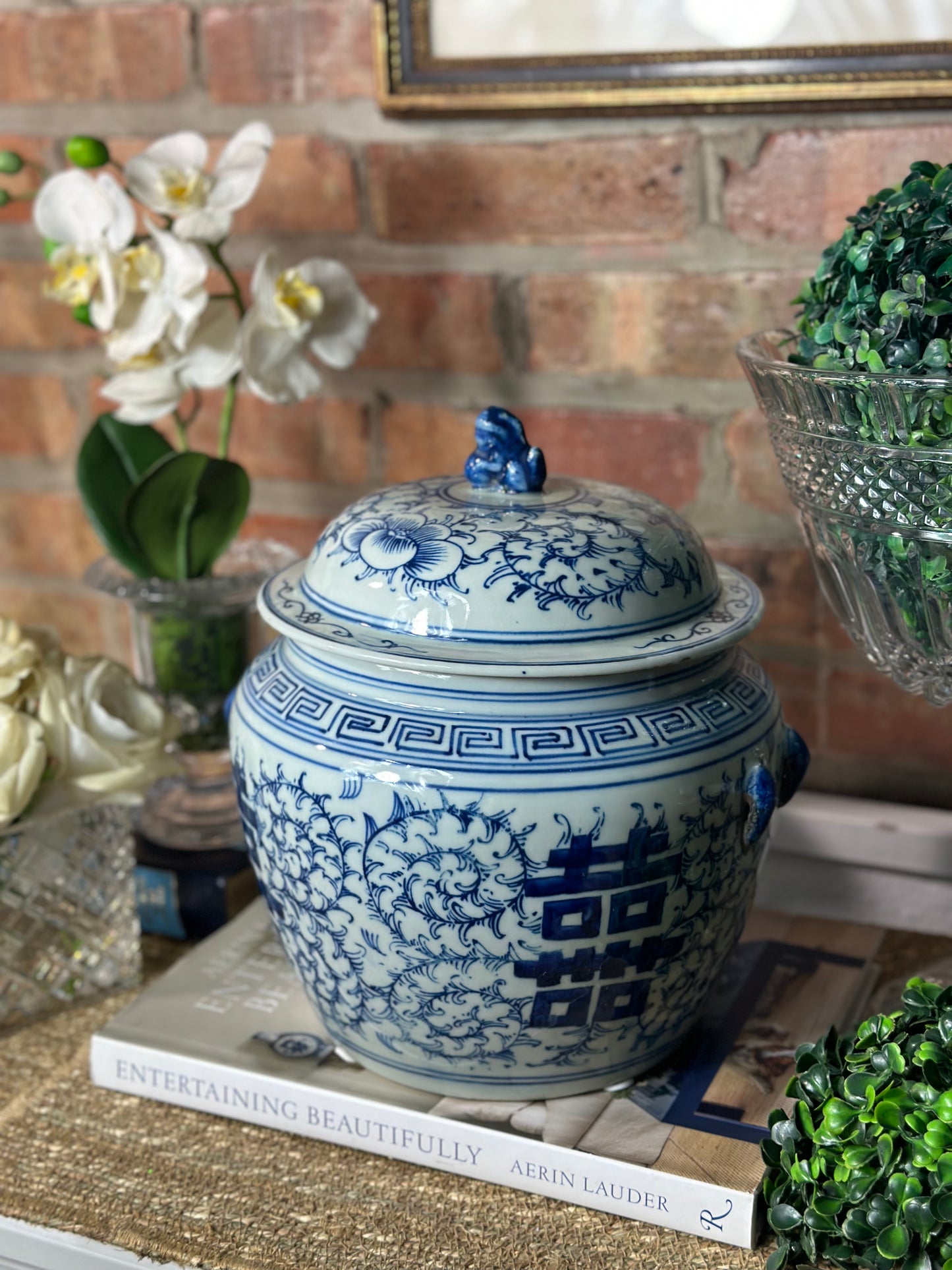 Blue & White Double Porcelain Happiness Lidded Jar, 10" Tall