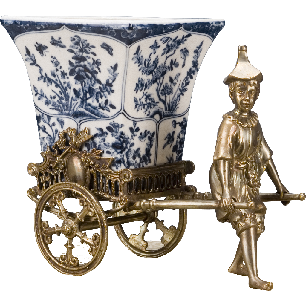 12L X 7W X 12H BRONZE RICKSAW MAN WITH PORCELAIN PLANTER-BLUE AND WHITE