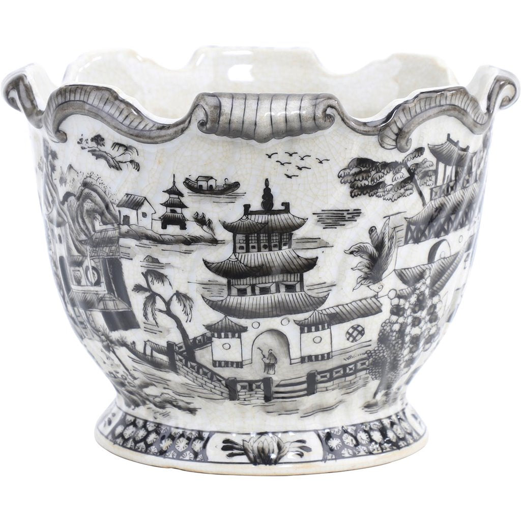 Hand painted Black & White Pagoda Porcelain Cachepot, 8L X 8W X 6H