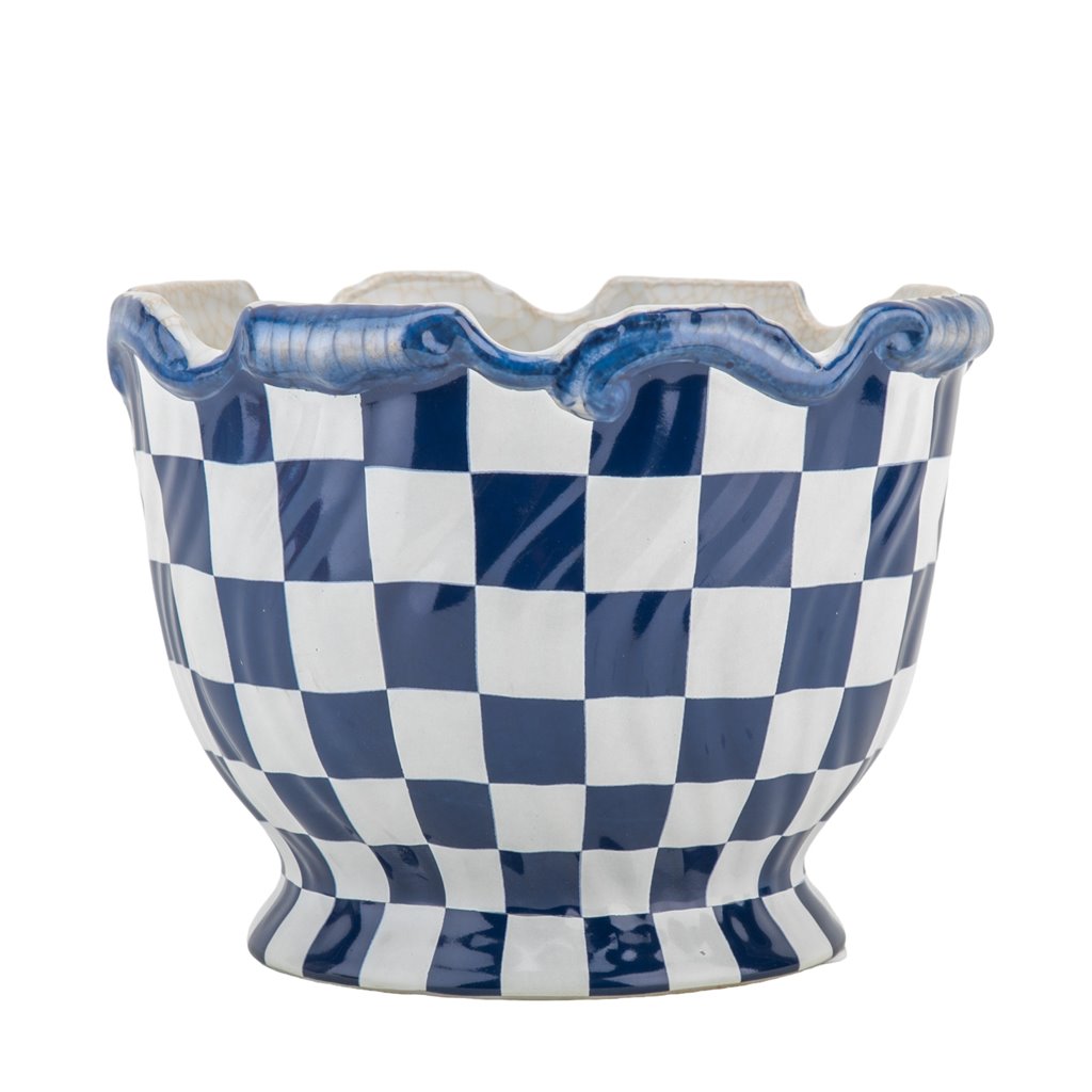 Mackenzie- Like, Hand painted Blue & White Check Porcelain Cachepot, 8L X 8W X 6H