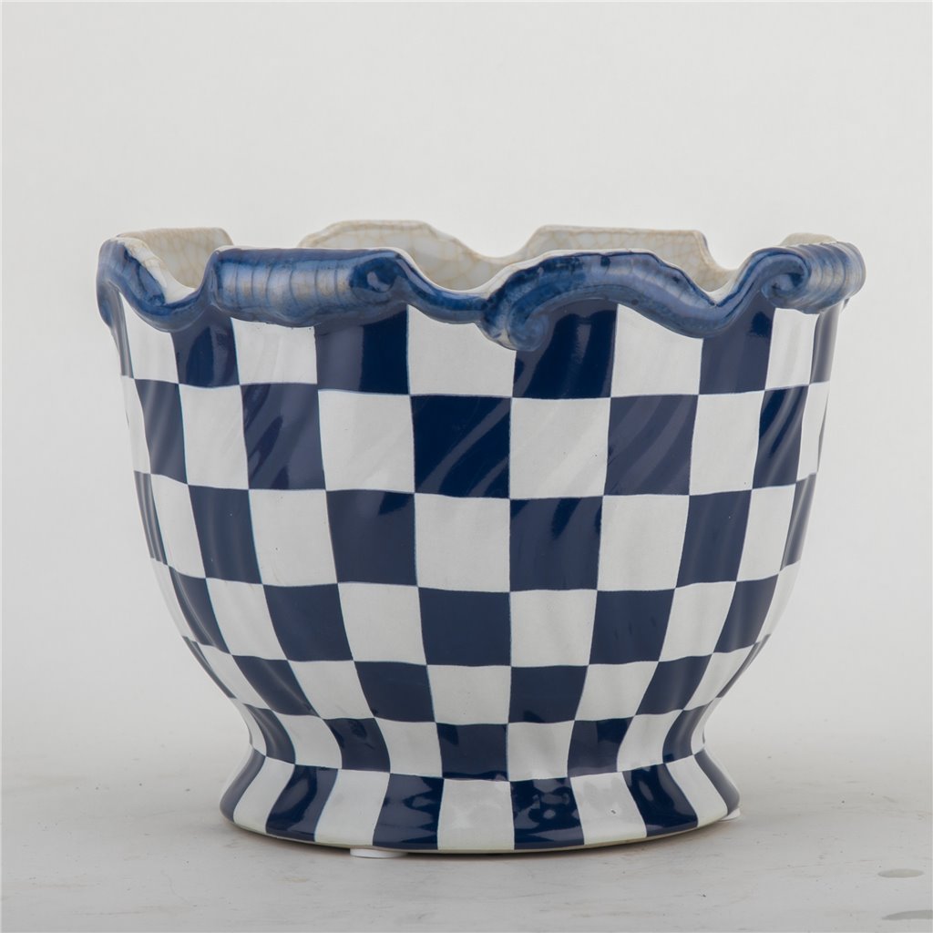 Mackenzie- Like, Hand painted Blue & White Check Porcelain Cachepot, 8L X 8W X 6H