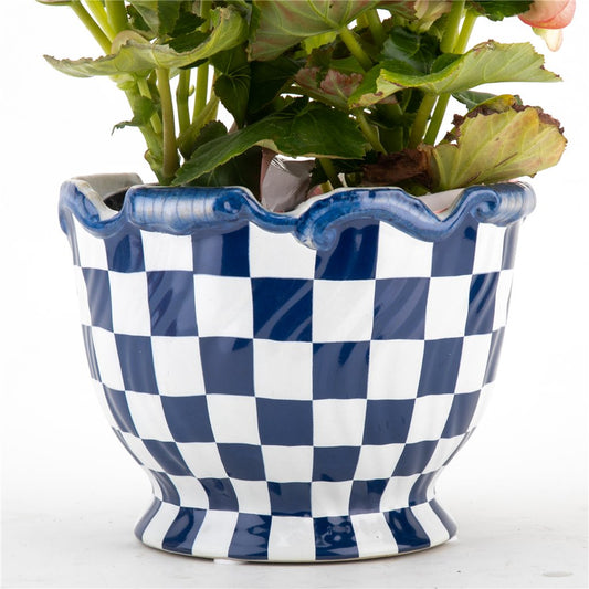 Mackenzie- Like, Hand painted Blue & White Check Porcelain Cachepot, 8L X 8W X 6H
