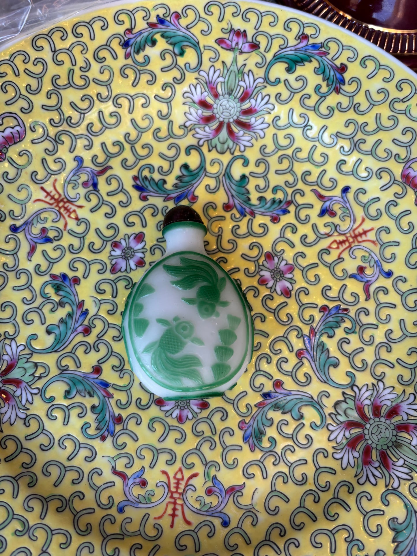 Collectible Chinese Snuff bottle with green overlay and fish!