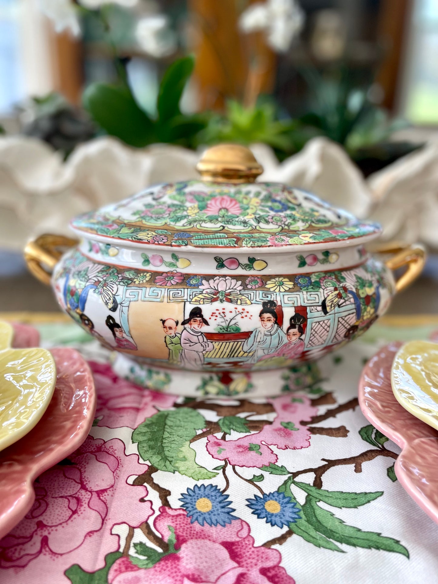 Vintage 12” Hand-Painted Rose Medallion Lidded Tureen with Gold Handles