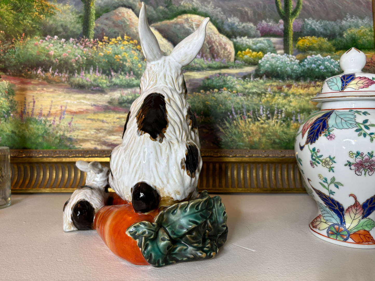 Absolutely adorable Majolica bunny with babies sitting on a carrot! - Excellent condition!