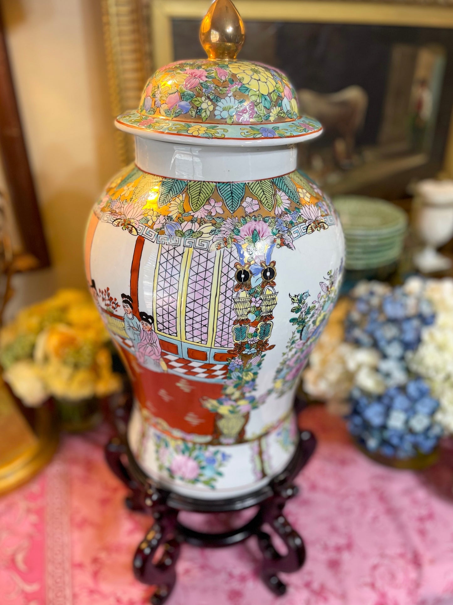 XL 18.5” Vintage Rose Medallion Temple Jar with Stand