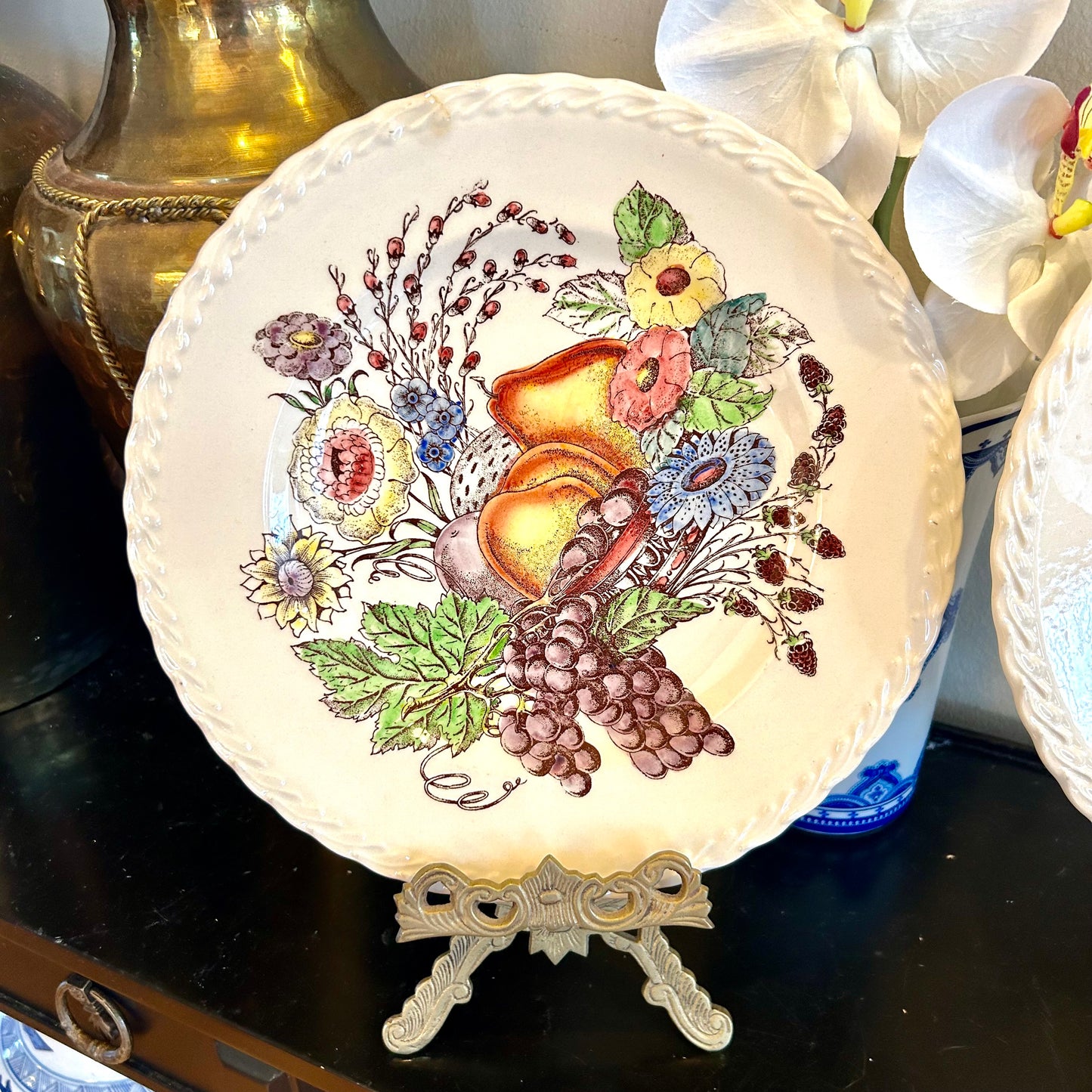 Set of two vintage hand painted fruit floral dinner plates