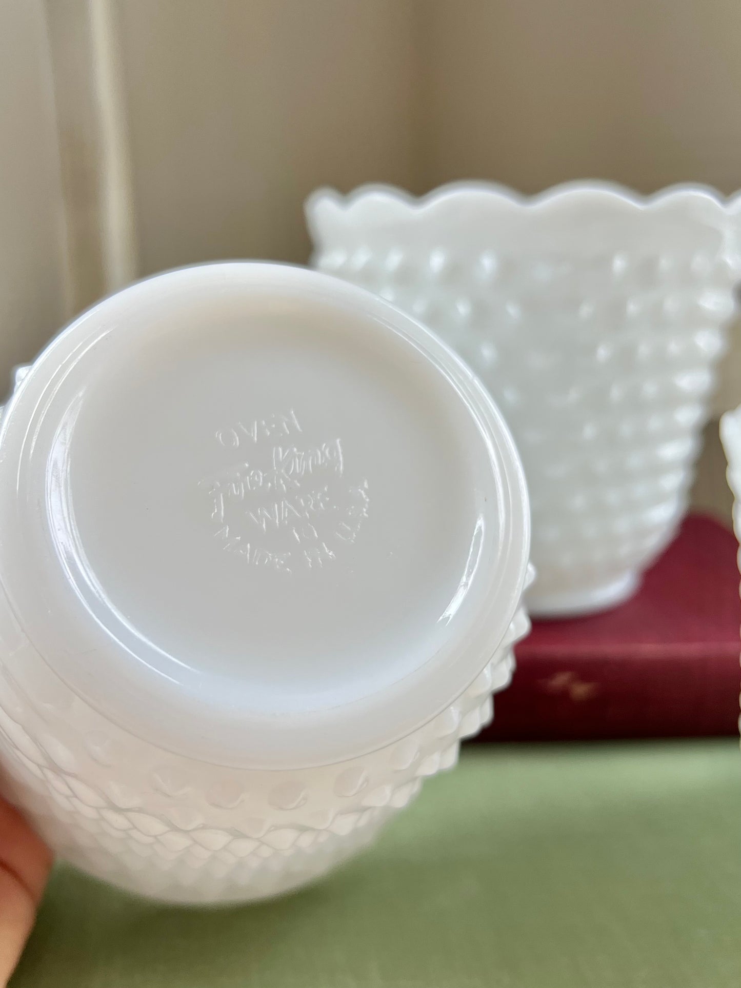 Set (3) Vintage Milk Glass Planters with Hobnail Design & Scalloped Edges