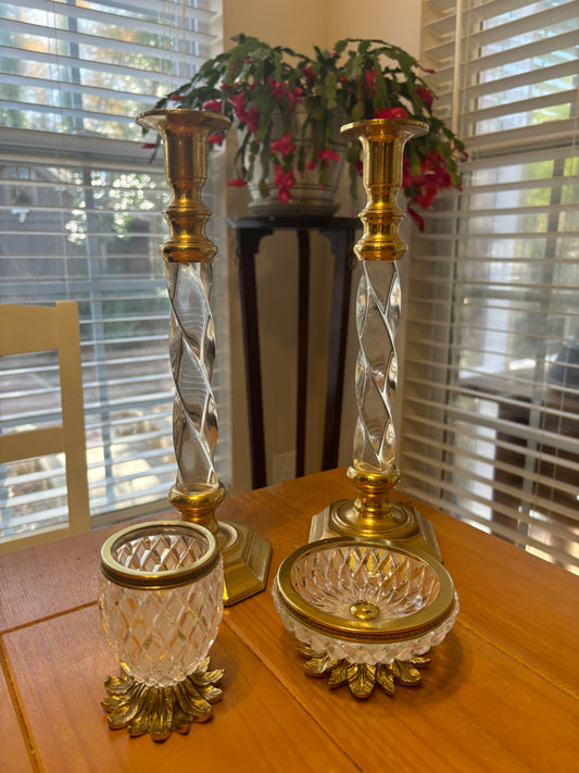 Beautiful pair of French crystal and brass pineapple dishes!