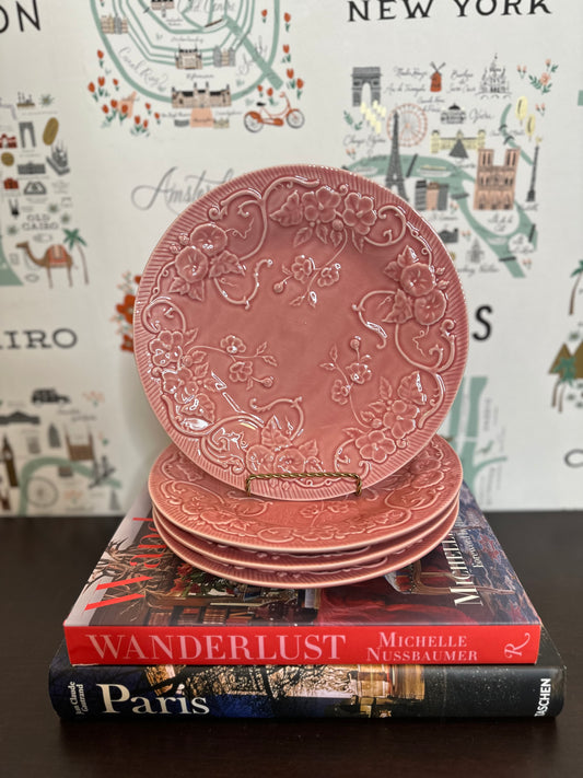 Excellent Bordallo Pinheiro Ingrid Pink Luncheon Plates, Made in Portugal, Set of 4, 9”