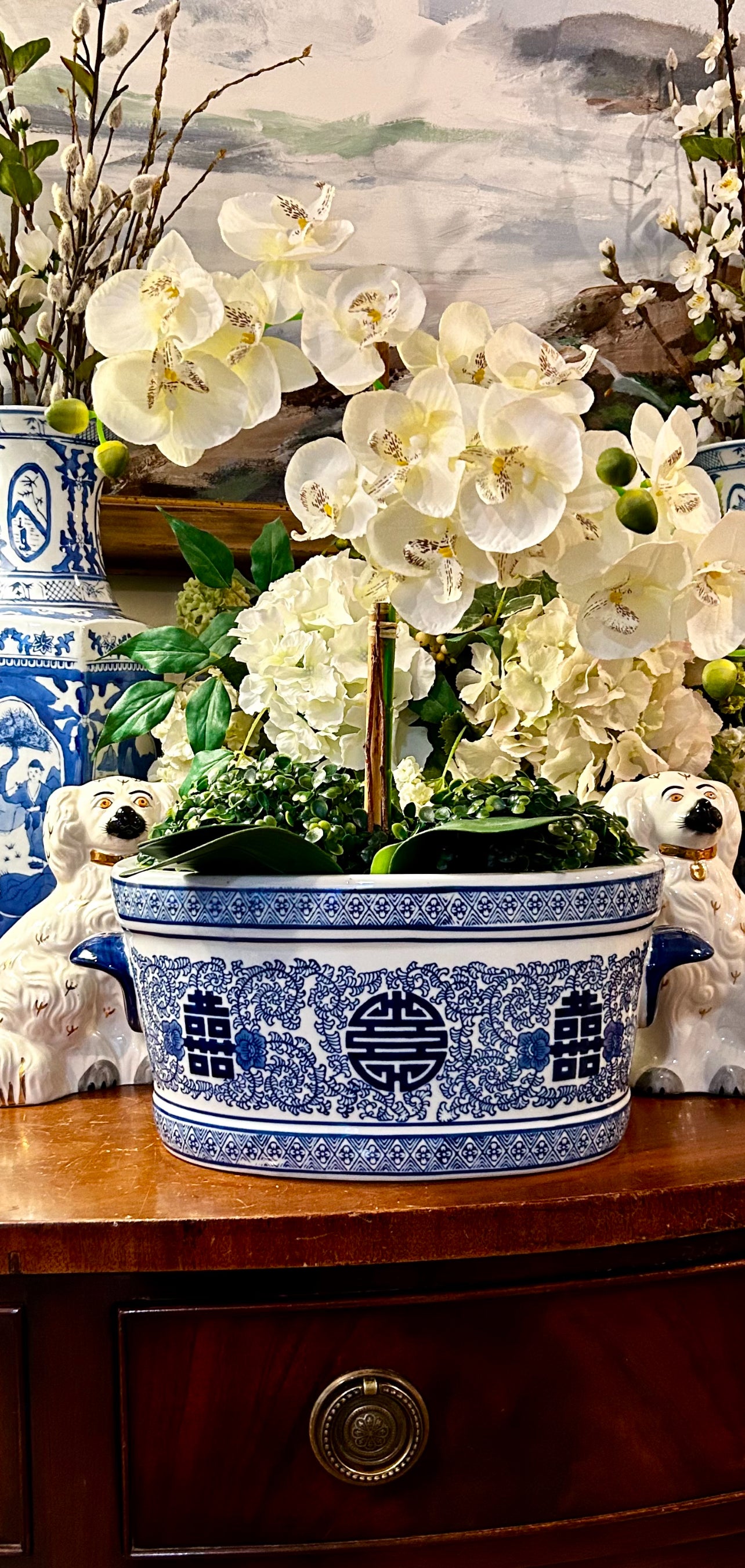 Fabulous chinoiserie chic blue & white foot bath planter centerpiece