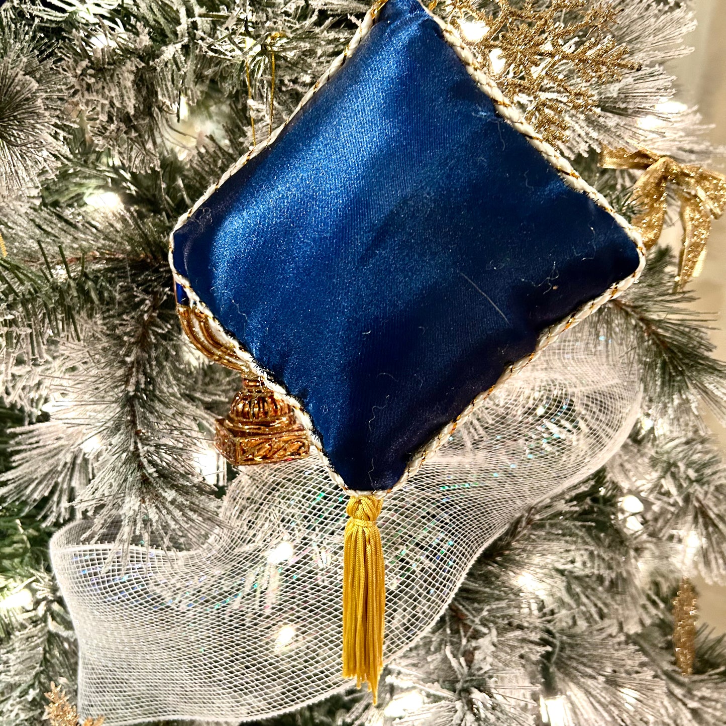 Sparkling blue & gold Seasons greetings tassel door hanger, or ornament