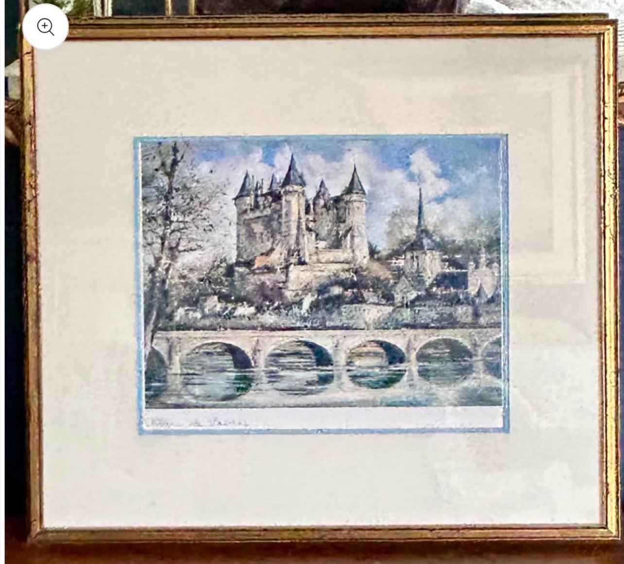 Set of two French  “Chateau de Saymer” and "Chateau de Chaumont" color lithograph prints by artist Brunet wall art, 16x18”