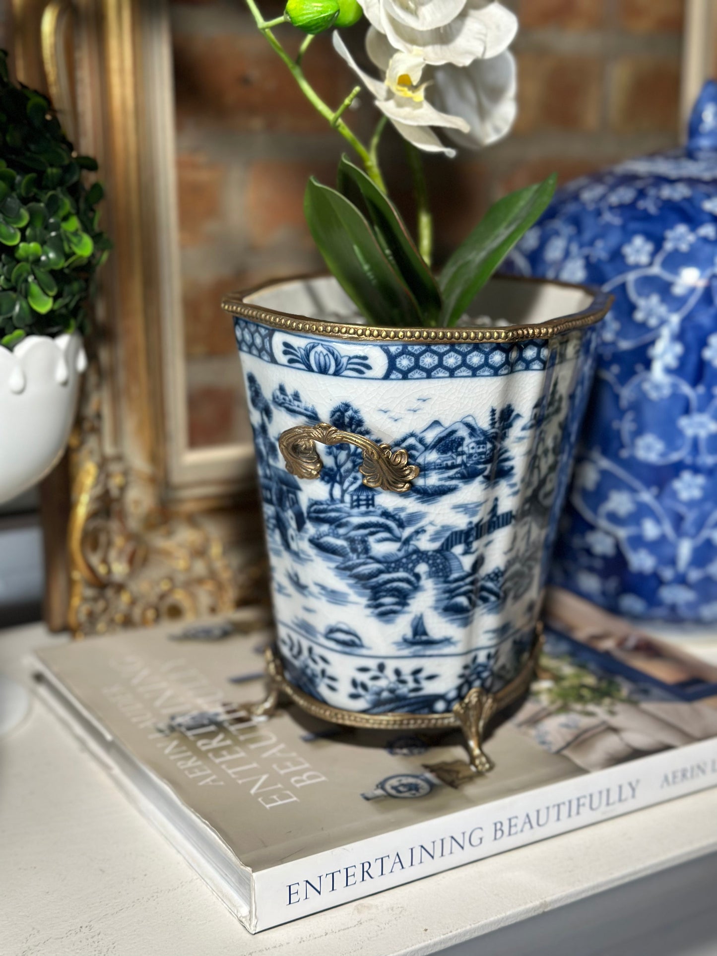 STORY SALE - Blue & White Porcelain Planter W/ Bronze Footings & Details, 7.5" Tall