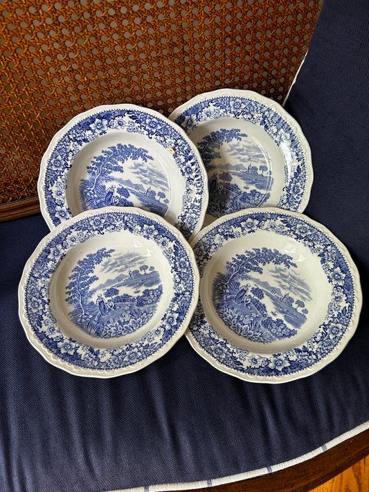 Vintage set (4) blue & white “silverdale” 9”D bowls, Staffordshire England