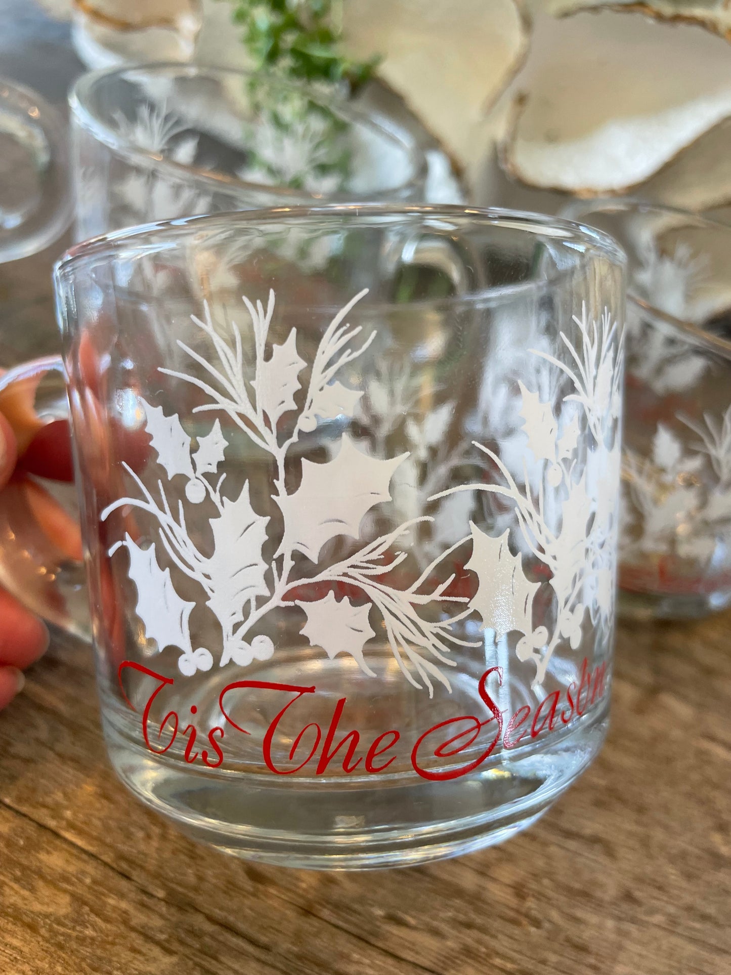 Vintage Set of 6 Glass ‘Tis The Season’ Handled Mugs by Anchor Hocking