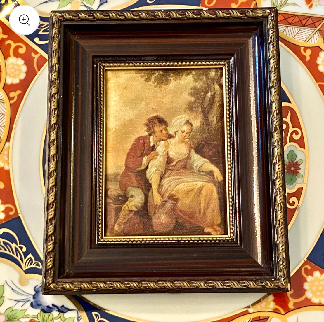 Lovely set of 2 vintage portraits in rich wood and gold gilt frames wall art
