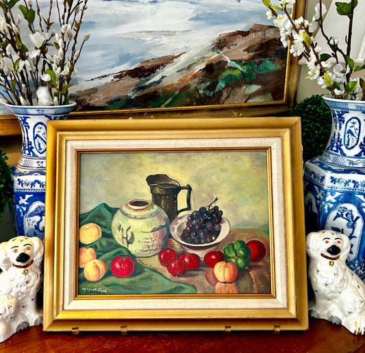 Marvelous mid century original oil still life painting, Blue & white ginger jar, Measures: 19 x 16