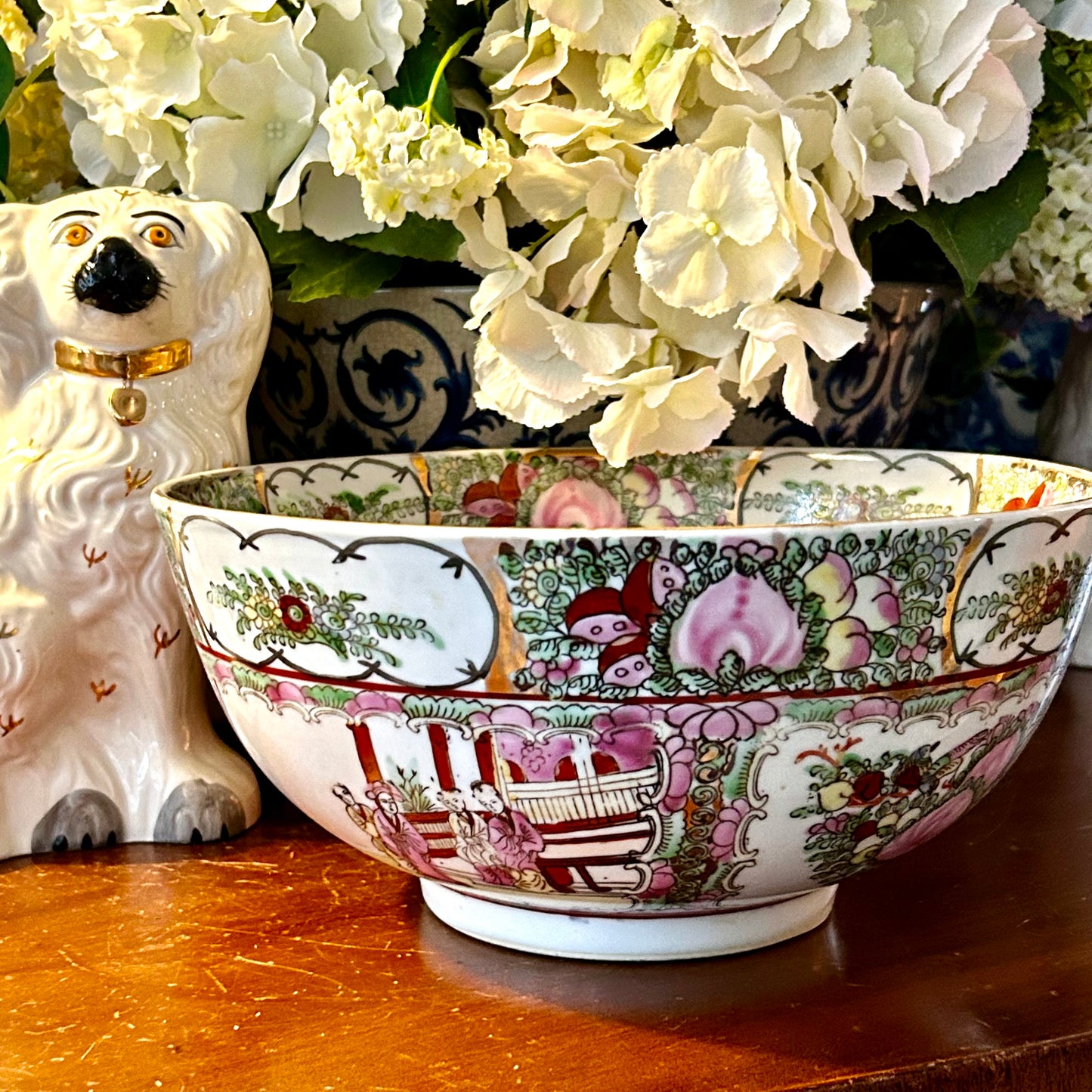 Impressive size Rose medallion porcelain hand painted centerpiece bowl.