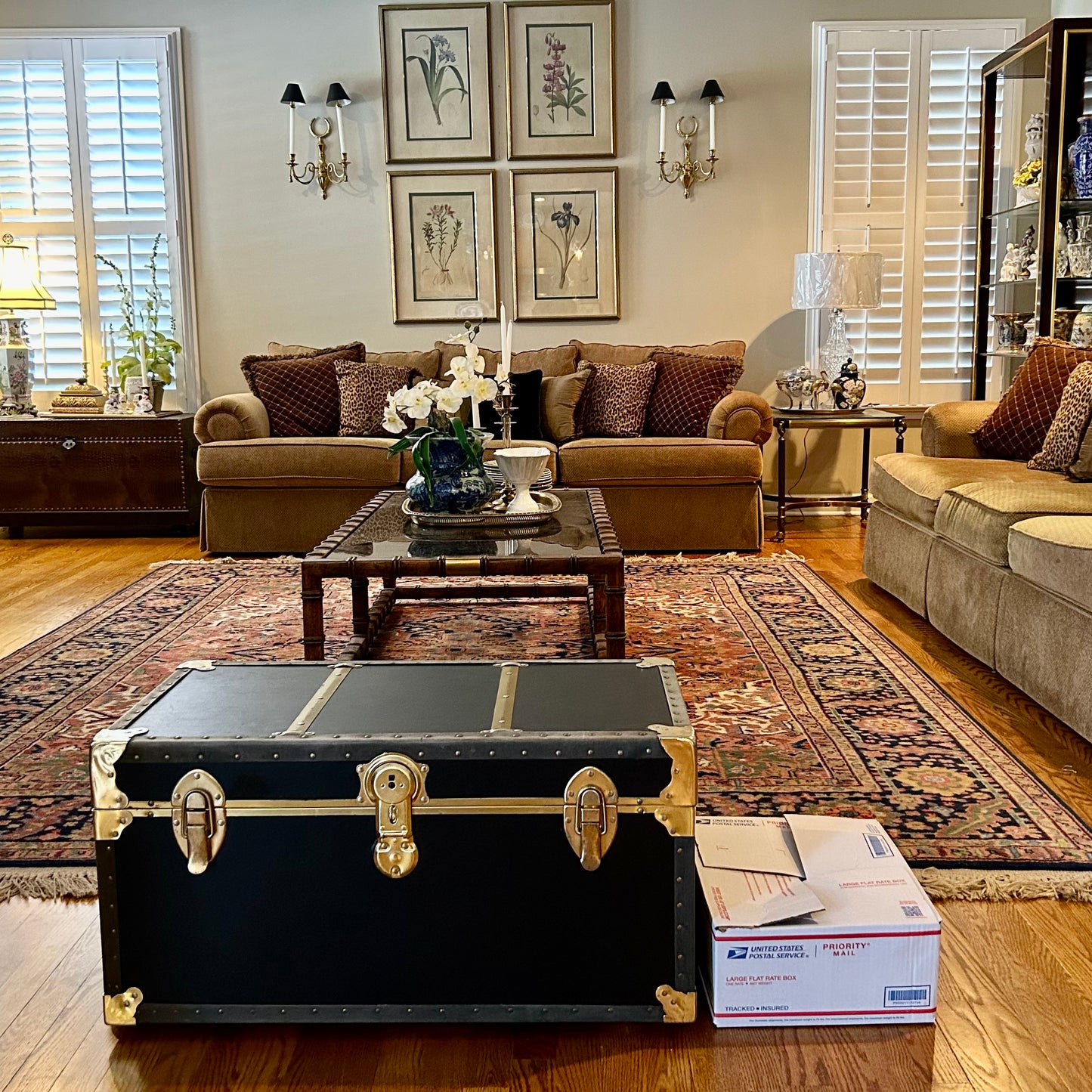 Handsome vintage  ebony black, Brass & leather storage trunk w handles steamer trunk coffee table .