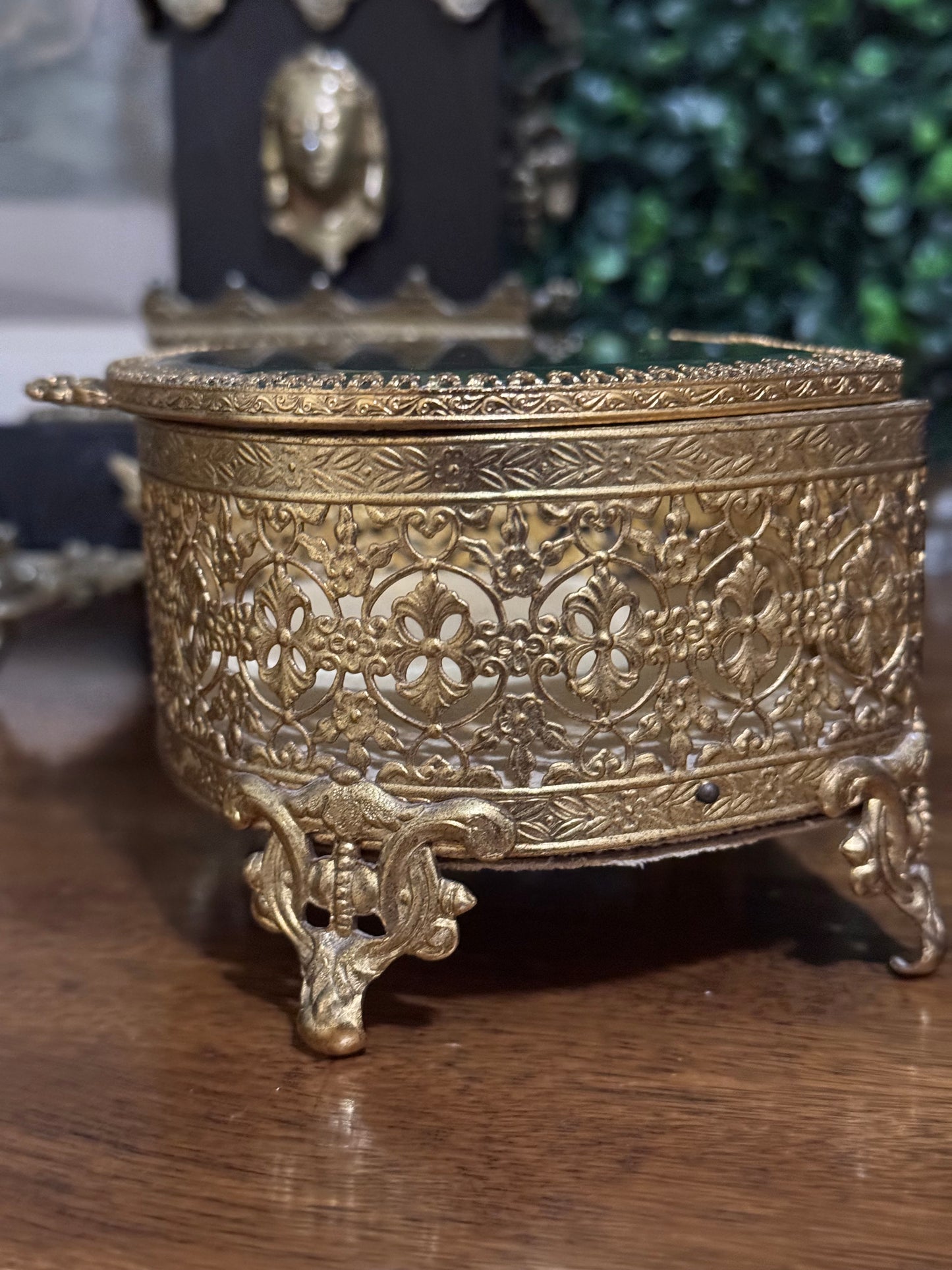 Gorgeous Vintage Brass Filigree Jewelry Casket