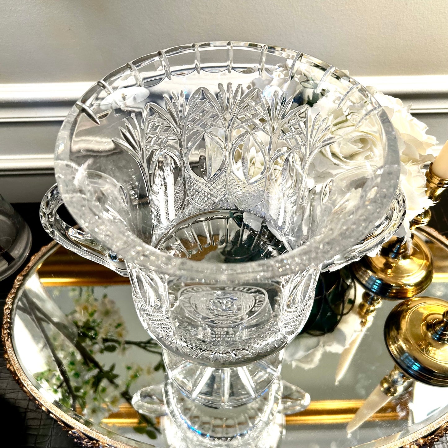 Stunning vintage crystal double handle monogrammed trophy vase champagne bucket