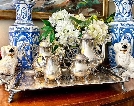 Absolutely stunning 5 piece silver plate stamped heirloom serving set by International Silver Company