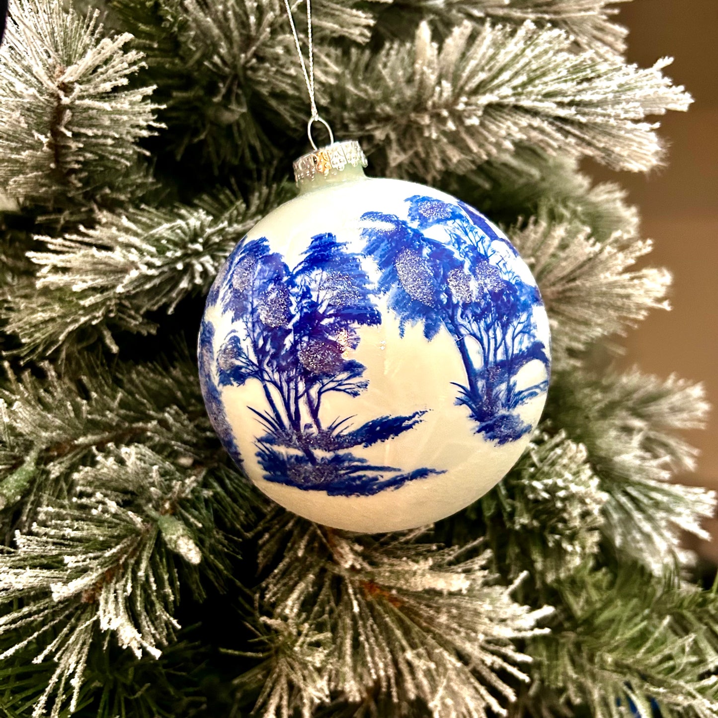 Massive oversized vintage blue & white toile landscape Christmas ornament