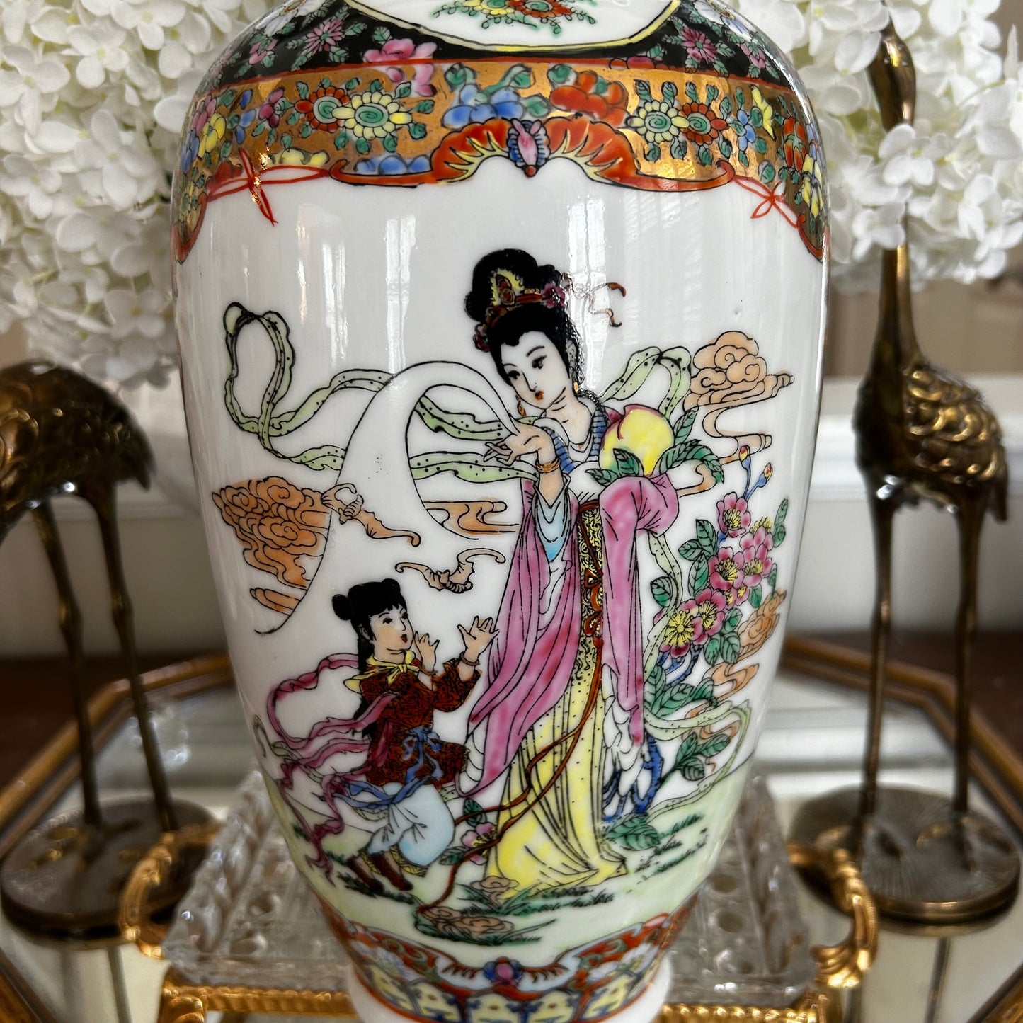 Statuesque Vintage Rose Famille chinoiserie vase 14 in hi