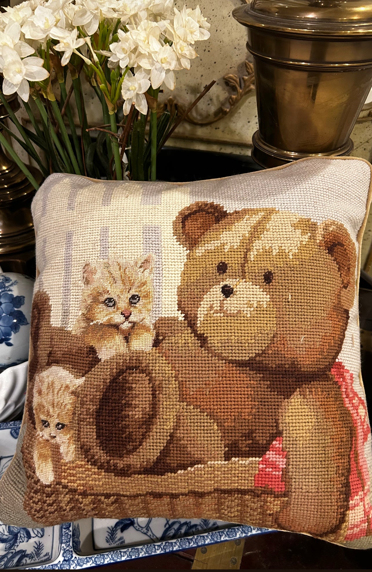 Vintage needlepoint Teddy bear with kitty cats