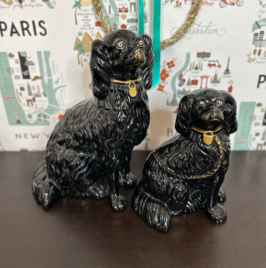 RARE Antique 19th Century English Jackfield Black Porcelain Staffordshire Spaniel Dogs, Set of 2, 15” and 11”