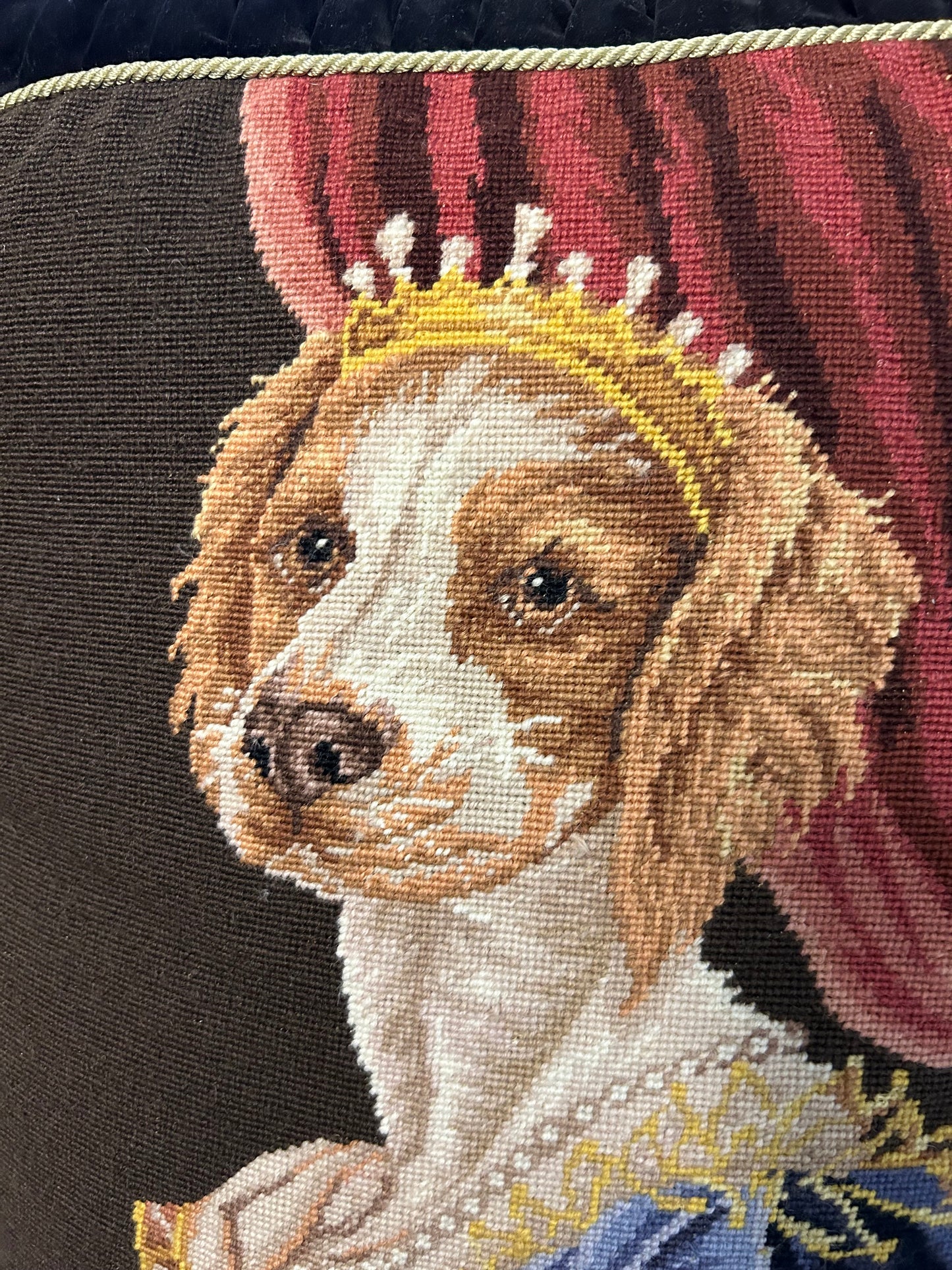 Magnificent Needlepoint Pillow with Princess Dog, 21”