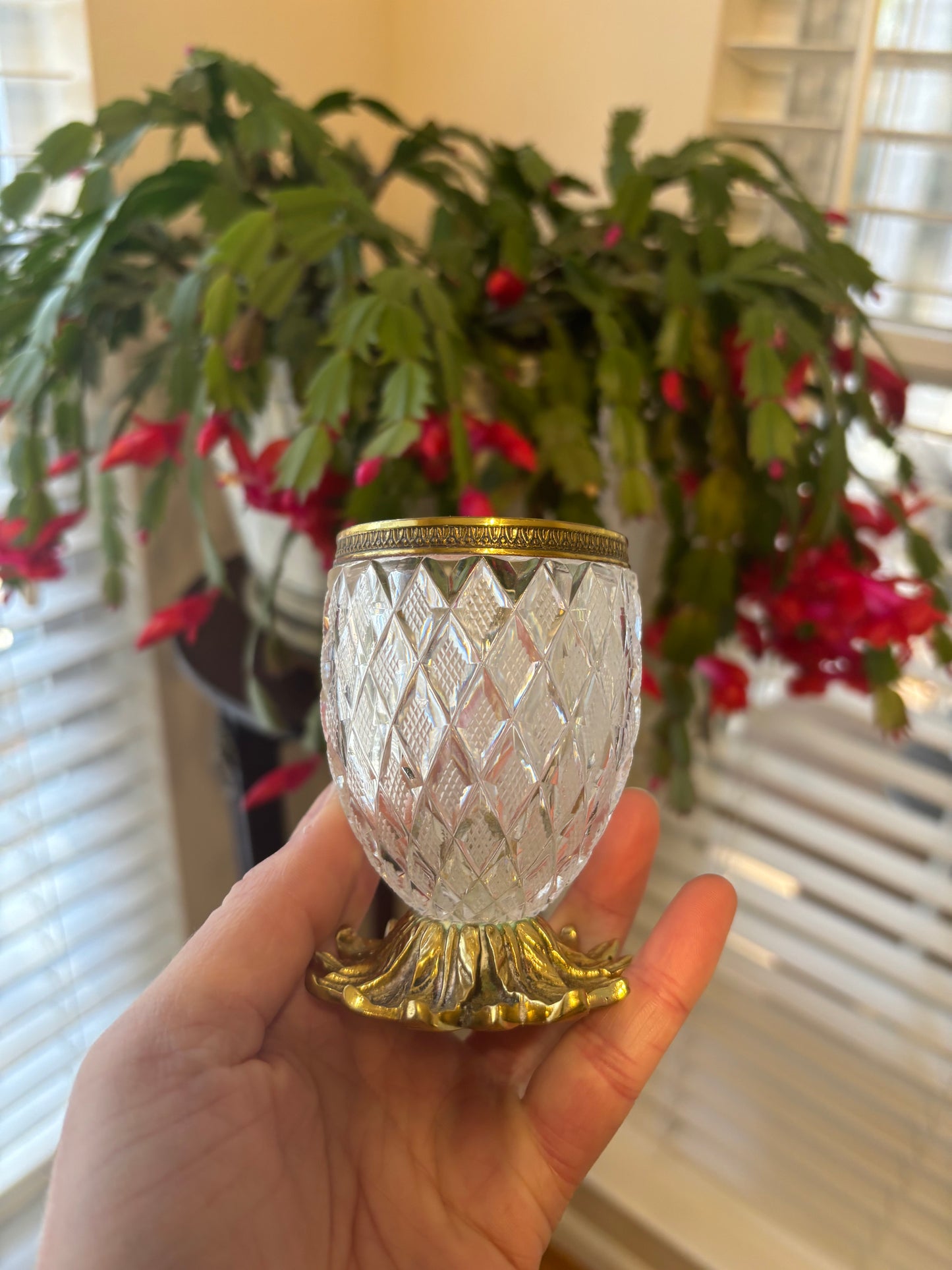 Beautiful pair of French crystal and brass pineapple dishes!