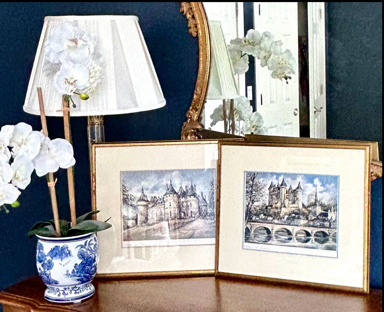 Set of two French  “Chateau de Saymer” and "Chateau de Chaumont" color lithograph prints by artist Brunet wall art, 16x18”