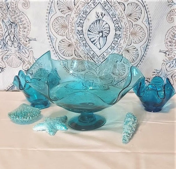 Bischoff Large Hand Blown Glass, Ruffled Aqua Blue Compote with bubble inclusions