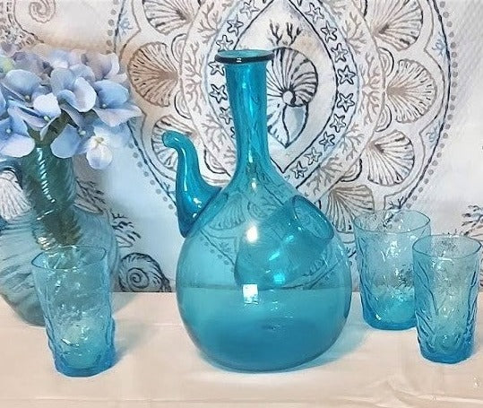 Vintage Italian Style Blue Glass Wine Decanter with Ice Chamber