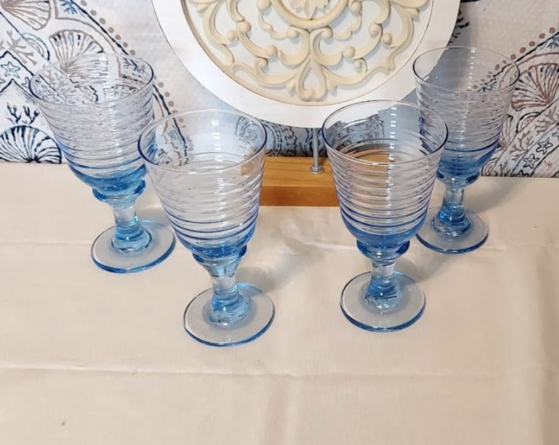 Set of 4 Libbey Sirrus Blue 12 Ounce Wine Goblets Concentric Rings