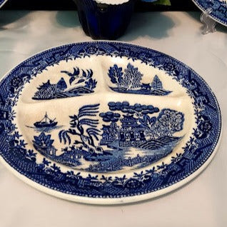 3 blue willow grill plates, Moriyama occupied Japan