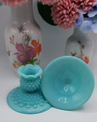 Fenton Turquoise Blue Milk Glass Hobnail candlestick holders, Rare!!