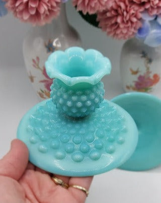 Fenton Turquoise Blue Milk Glass Hobnail candlestick holders, Rare!!