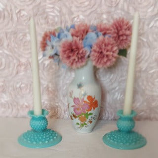 Fenton Turquoise Blue Milk Glass Hobnail candlestick holders, Rare!!