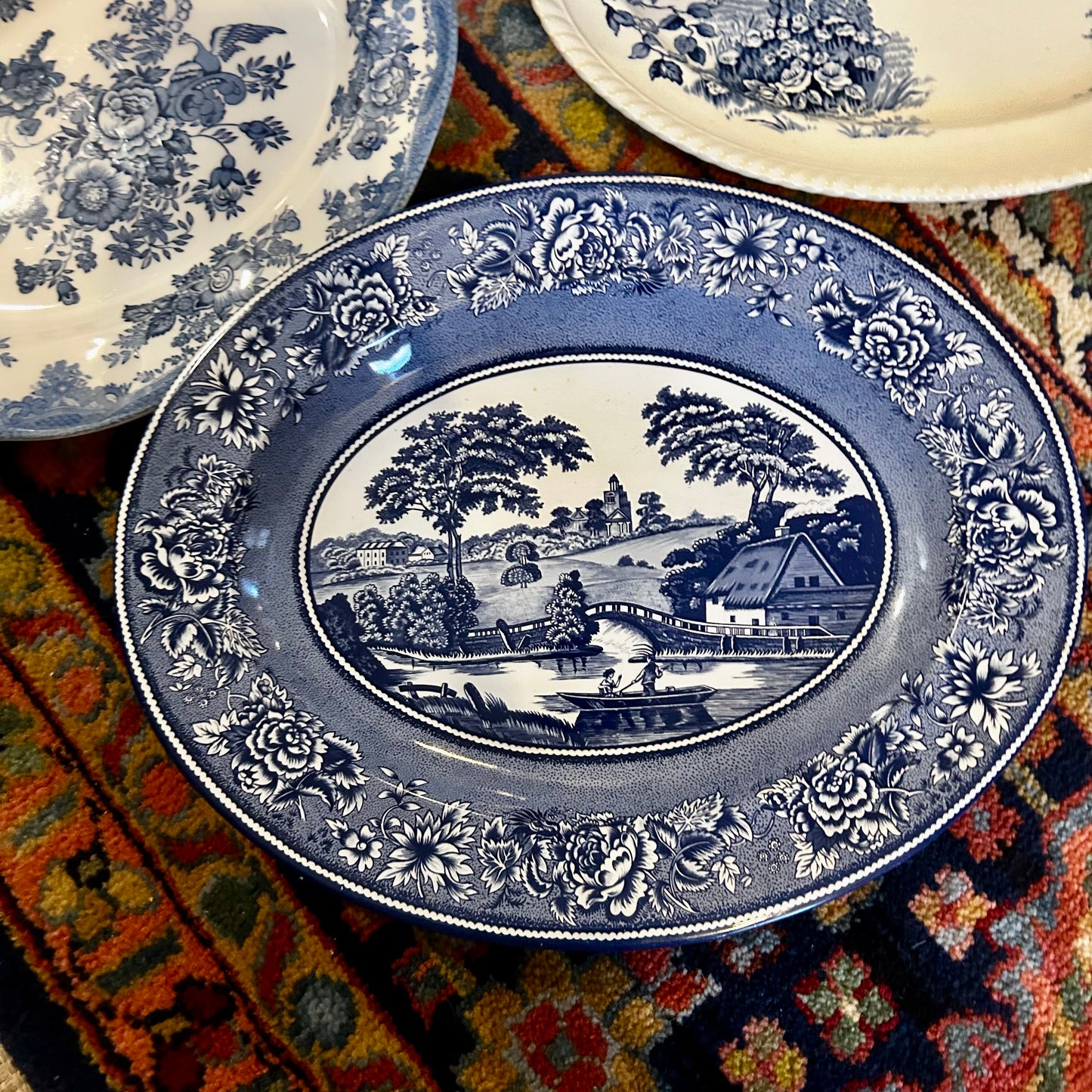 Set of 6 blue & white English oval platters plates