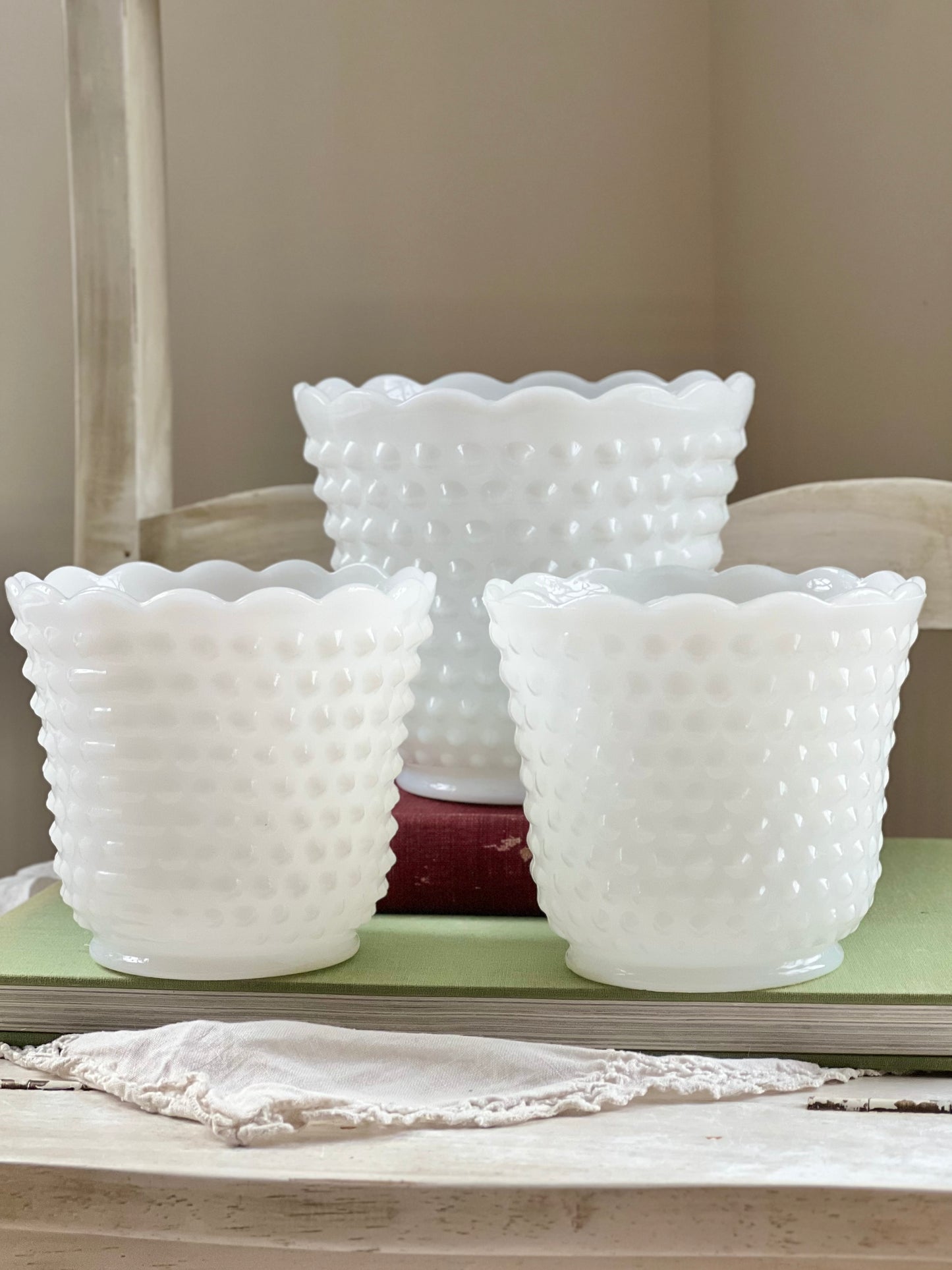 Set (3) Vintage Milk Glass Planters with Hobnail Design & Scalloped Edges