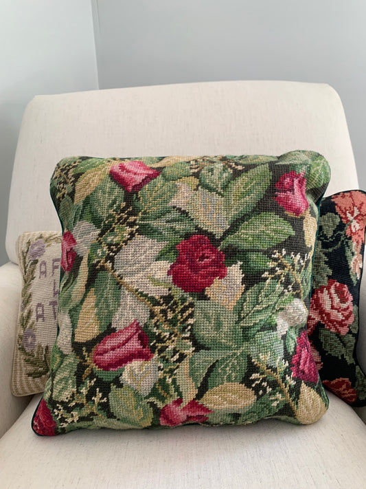Rose Floral and Green Leaf Needlepoint Pillow with Green Velvet Backing